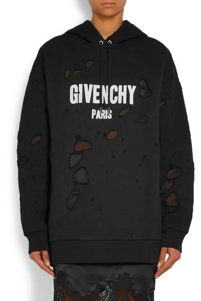 Shop Givenchy Printed Distressed Cotton-jersey Hooded Top