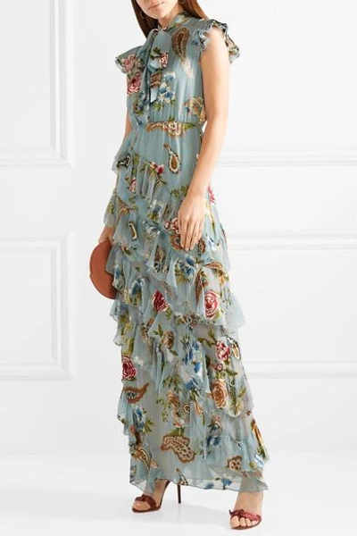 Shop Alice And Olivia Lessie Pussy-bow Ruffled Fil Coupé Chiffon Maxi Dress In Blue