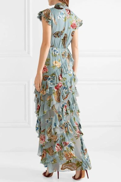 Shop Alice And Olivia Lessie Pussy-bow Ruffled Fil Coupé Chiffon Maxi Dress In Blue
