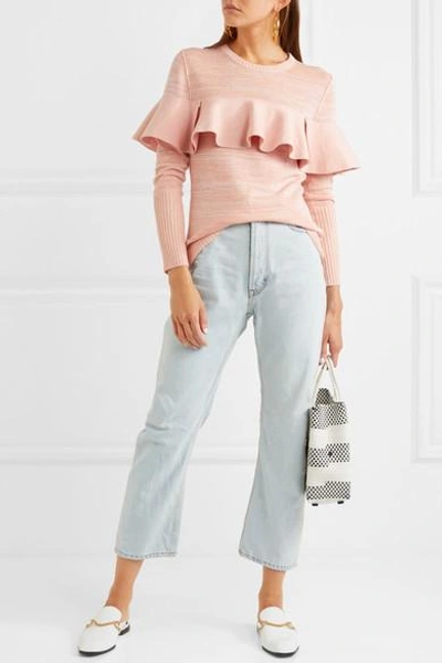 Shop Apiece Apart Ruffled Mélange Cotton-blend Sweater In Pink