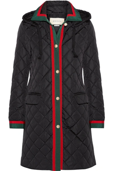 Shop Gucci Hooded Grosgrain-trimmed Quilted Shell Coat In Black