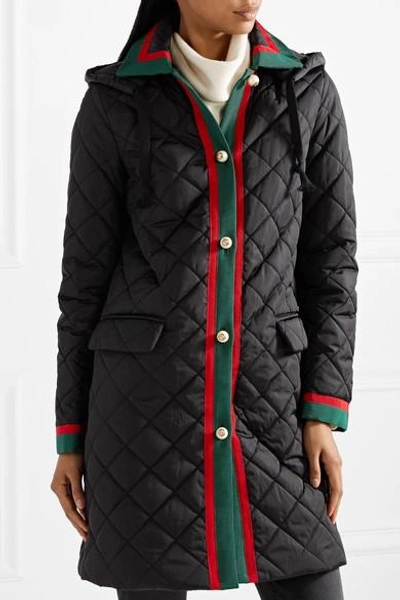 Shop Gucci Hooded Grosgrain-trimmed Quilted Shell Coat In Black