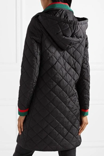 Shop Gucci Hooded Grosgrain-trimmed Quilted Shell Coat In Black