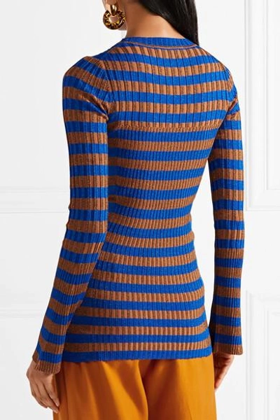Shop By Malene Birger Striped Metallic Ribbed-knit Sweater In Cobalt Blue