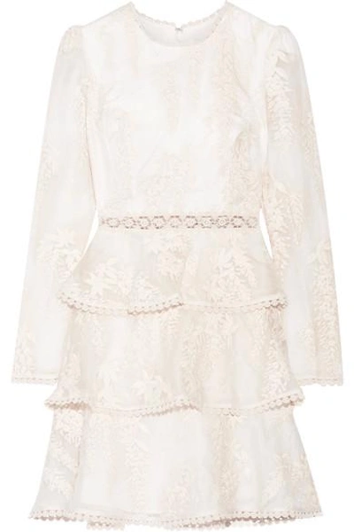 Shop Zimmermann Maples Embroidered Crocheted Lace-trimmed Silk-organza Mini Dress