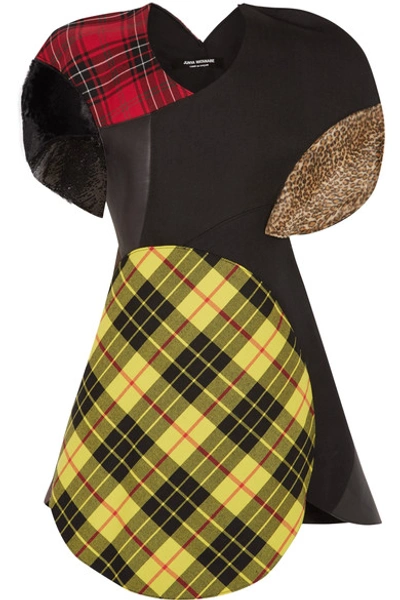 Junya Watanabe Patchwork Tartan Wool-blend, Faux Leather And Faux Fur Dress In Yellow/black Mix