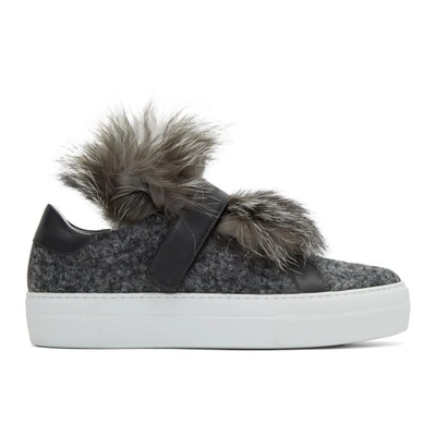 Shop Moncler Grey Fur Victoire Slip-on Sneakers