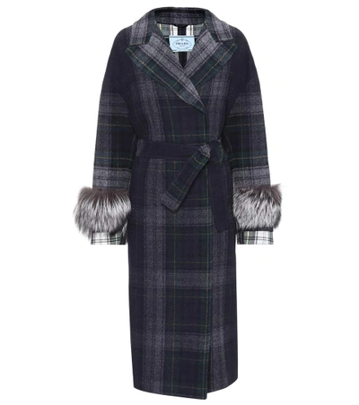 Prada Fur-trimmed Checked Wool Coat In Bosco