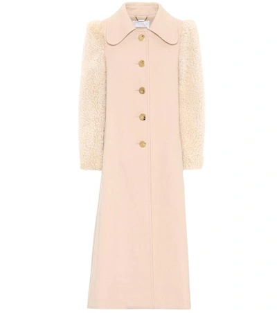 Chloé Shearling-sleeved Wool Coat In Nude & Neutrals