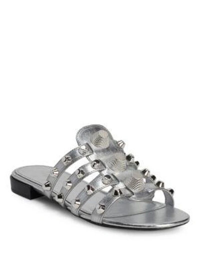 Shop Balenciaga Studded Metallic Leather Slides In Argent