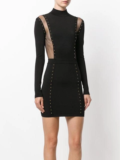 Shop Balmain Studded Mesh Panelled Dress In Black