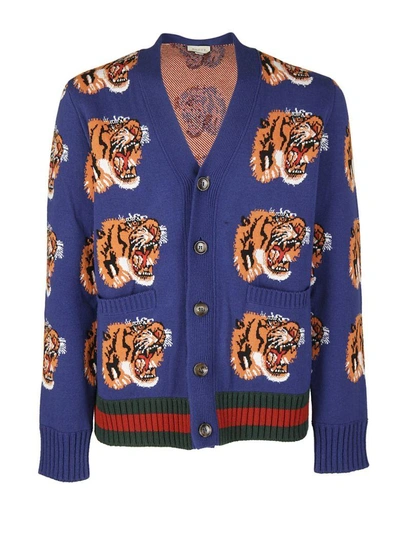 Shop Gucci Tiger Cardigan In Blu