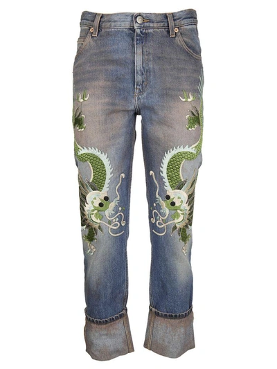 Shop Gucci Dragon Denim Jeans In Blu