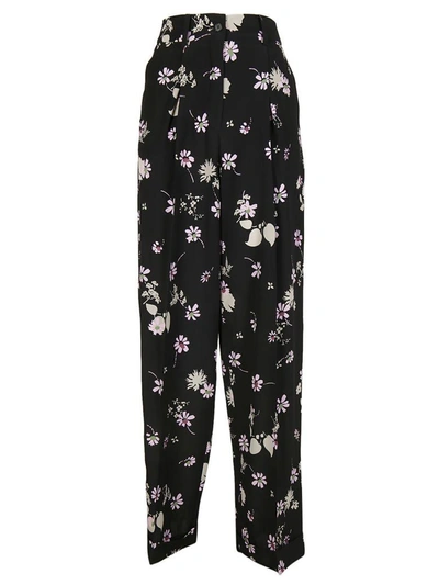 Shop Valentino Wide Leg Floral Print Trousers In Nero