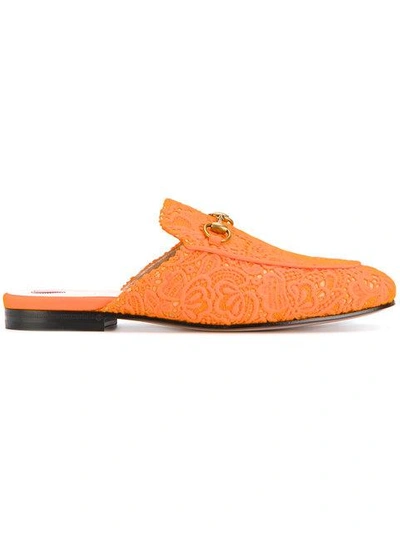 Shop Gucci Orange Princetown Lace Mules In Yellow