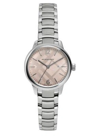 Shop Burberry Stainless Steel Check Etched Bracelet Watch In Silver Pink