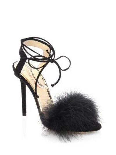 Shop Charlotte Olympia Salsa Feathers & Suede Ankle-wrap Sandals In Black