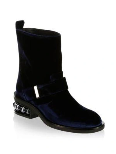 Shop Nicholas Kirkwood Casti Pearl-heel Velvet Biker Boots In Navy