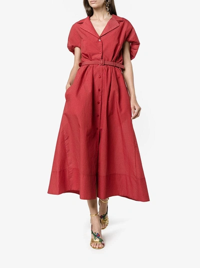 Shop Rosie Assoulin Gathered Puff Sleeve Shirt Dress In Red