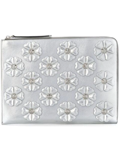 Shop Fendi Floral Appliqué Clutch In Metallic