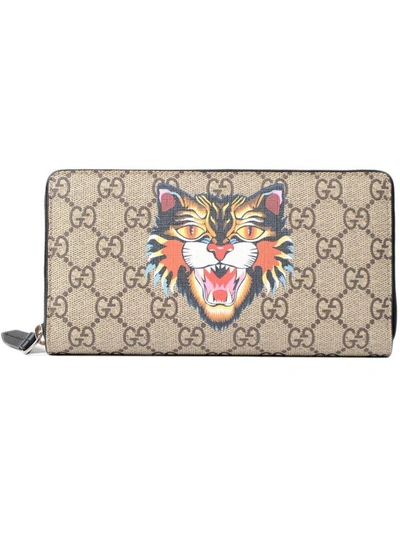 Shop Gucci Angry Cat Print Gg Supreme Wallet In Nude & Neutrals