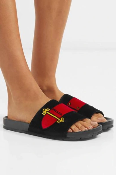 Shop Prada Printed Velvet Slides