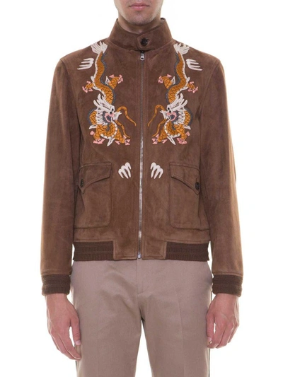 Shop Gucci Suede Bomber Jacket With Embroideries In Bengal
