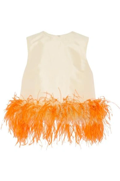 Shop Prada Feather-trimmed Wool And Silk-blend Top In Pastel Yellow