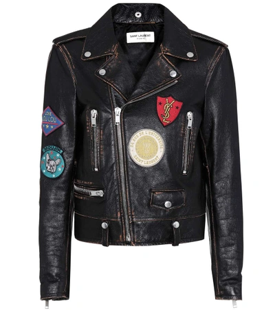 Shop Saint Laurent Appliquéd Leather Biker Jacket In Black