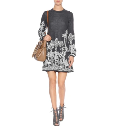 Shop Chloé Floral Intarsia Wool Dress In Grey-white