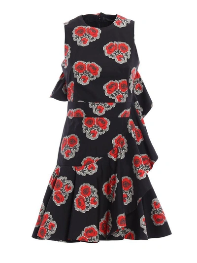 Shop Alexander Mcqueen Ruffled Poppy Print Dress In Black