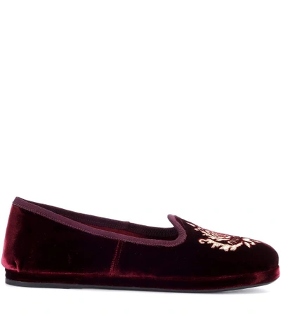 Shop Miu Miu Embroidered Velvet Loafers In Red