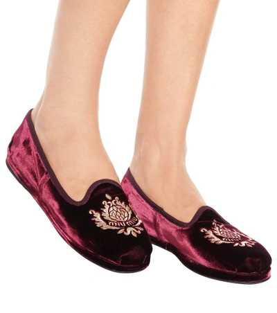 Shop Miu Miu Embroidered Velvet Loafers In Red