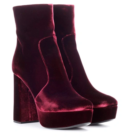 Prada Velvet Plateau Ankle Boots In Red