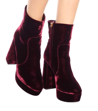 Shop Prada Velvet Plateau Ankle Boots In Red