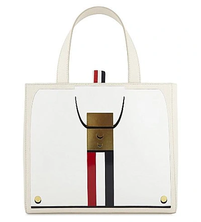 Thom Browne Striped Small Leather Tote In White