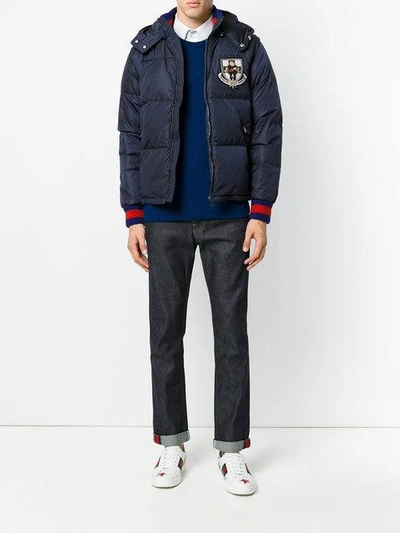 Shop Gucci Patch Hooded Padded Jacket In Blue