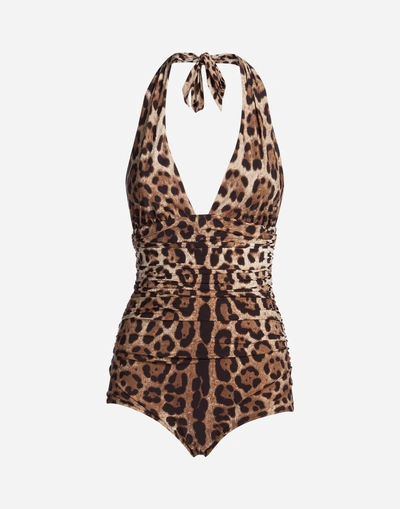 Shop Dolce & Gabbana One-piece Swimsuit With Leo Print In Leopard Print