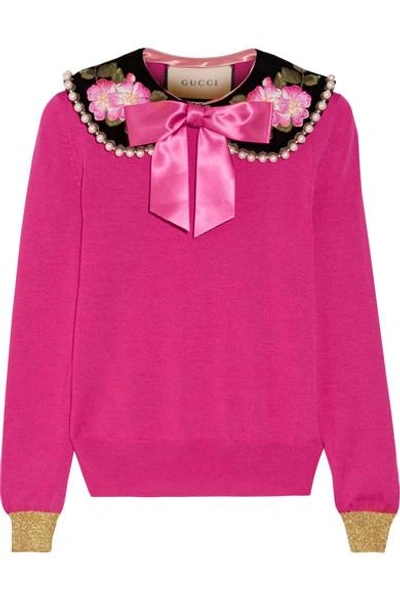 Shop Gucci Embellished Cashmere And Silk-blend Sweater In Fuchsia