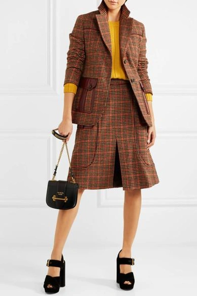 Shop Prada Leather-trimmed Checked Wool-blend Tweed Skirt In Orange