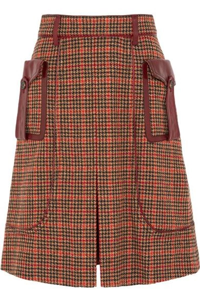 Shop Prada Leather-trimmed Checked Wool-blend Tweed Skirt In Orange