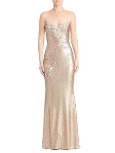 Marchesa Strapless Sequined Long Gown In Gold