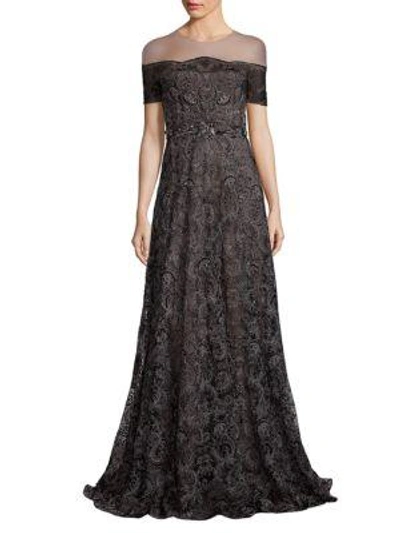 Marchesa Illusion Off-the-shoulder Embroidered Gown In Black