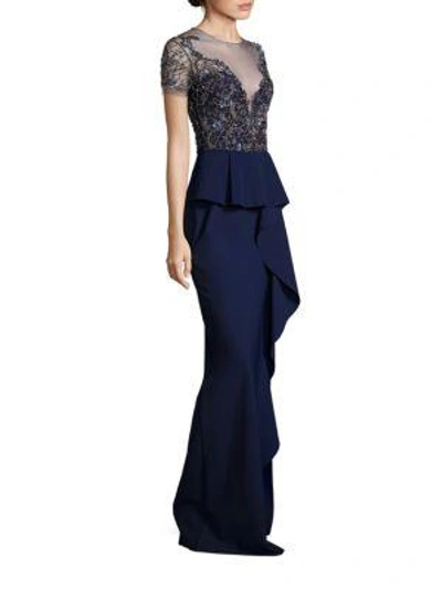 Marchesa Beaded Embroidered Peplum Gown In Navy