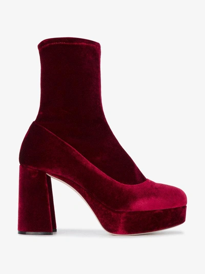 Shop Miu Miu Burgundy Velvet 100 Platform Sock Boots In Red