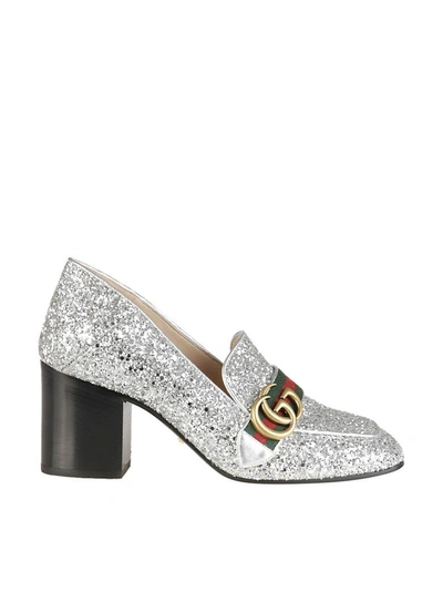 Shop Gucci Gg Web Mid Heel Loafer Pumps In Argento