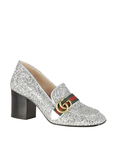 Shop Gucci Gg Web Mid Heel Loafer Pumps In Argento