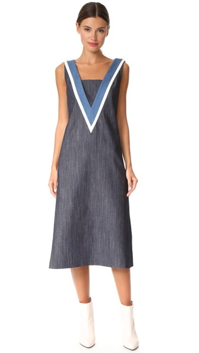 Shop Adam Lippes V Neck Denim Dress In Indigo Multi