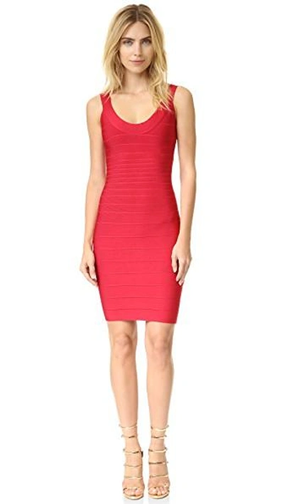 Shop Herve Leger Signature Essentials Scoop Neck Dress In Lipstick