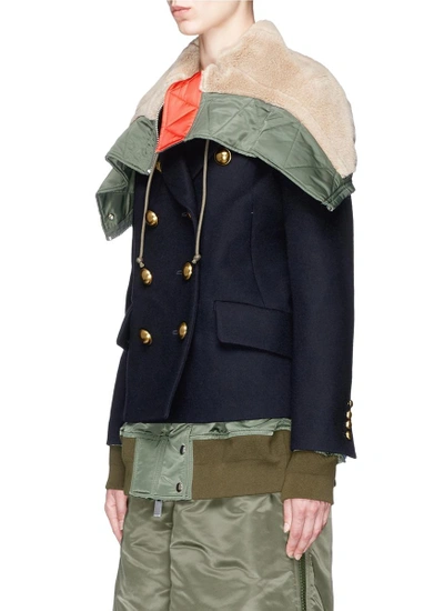 Shop Sacai Convertible Shearling Hood Layered Wool Melton Coat